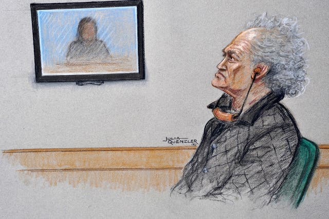 An artist’s impression of Aravindan Balakrishnan in the dock at Southwark Crown Court. His daughter is shown giving evidence by videolink