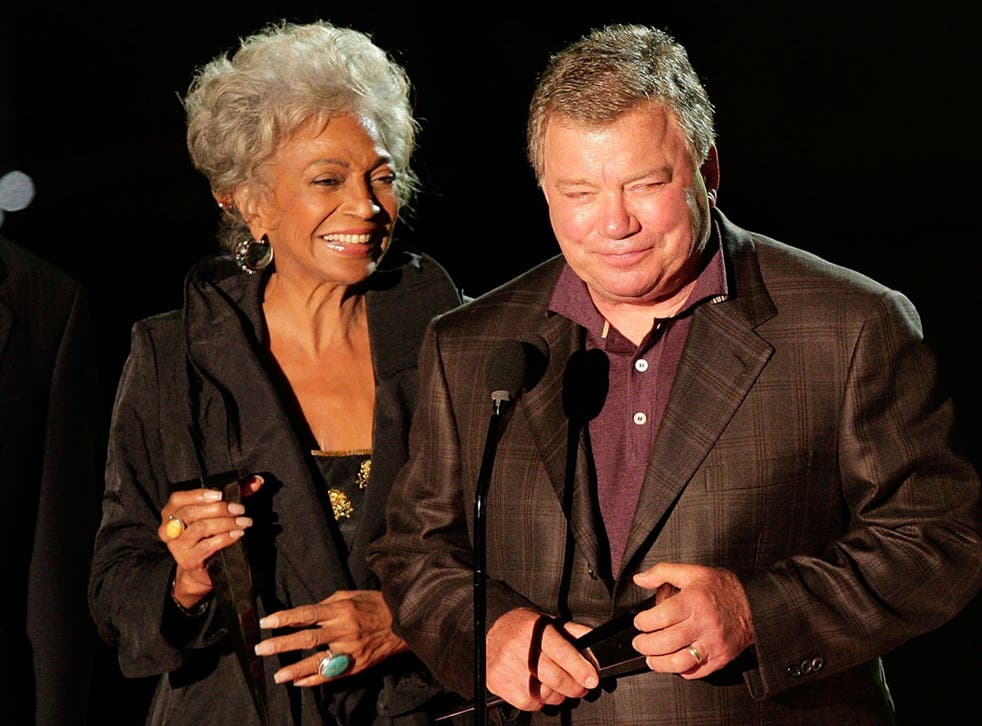 Nichelle Nichols, left, and William Shatner are often are often credited with the first inter-racial TV kiss as Captain Kirk and Lieutenant Uhura in Star Trek, but researchers have established that it was actually attributed to a play called 'You in Your Small Corner'