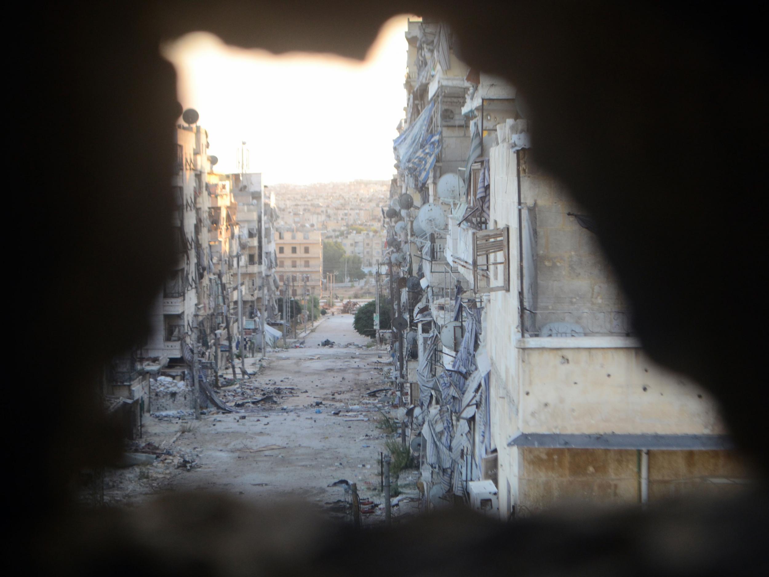 A devastated street in Aleppo after Syrian chemical weapons attack