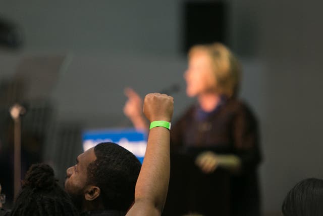 Hillary Clinton speaks at an 'African Americans For Hillary' rally at Clark Atlanta University in Atlanta, Georgia, as racial tensions increase across US and Canadian campuses