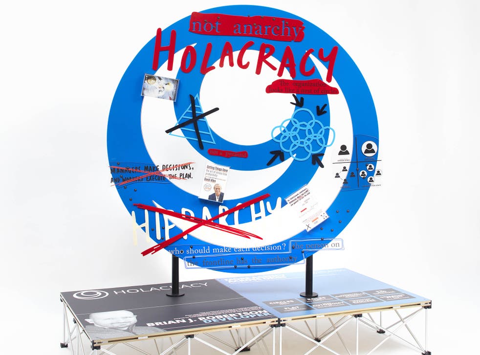 Holacracy, 2015: Mixed media including: Plexiglas, UV print on Revostage platform, book The Ghost in the Machine, book Getting Things Done, book Holacracy
200 x 205 x 100 cm