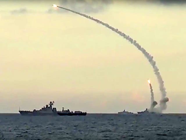 Russian navy ships launch cruise missiles at targets in Syria from the Caspian Sea