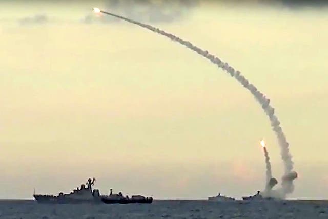 Russian navy ships launch cruise missiles at targets in Syria from the Caspian Sea
