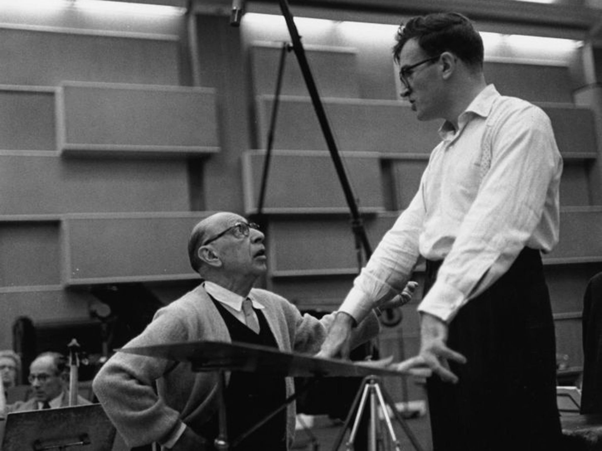 Craft, right, with Stravinsky at the BBC’s Maida Vale studios in 1958