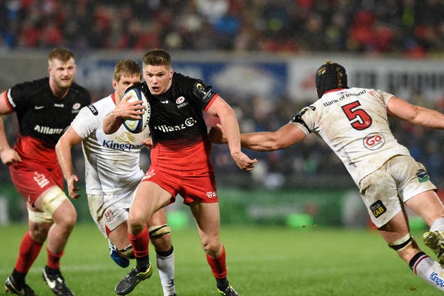 Saracens fly-half Owen Farrell cuts through the Ulster defence