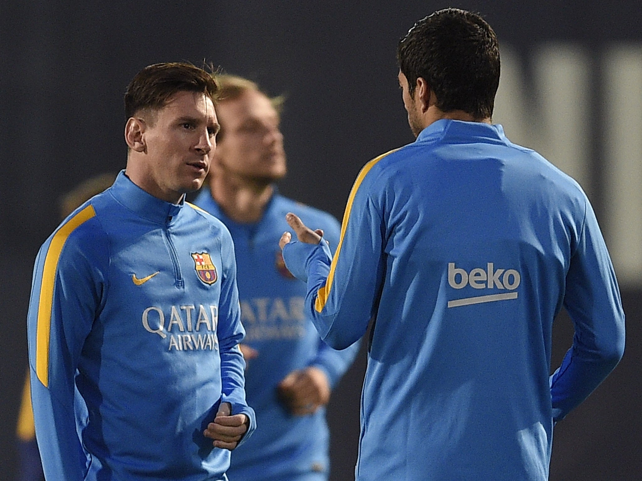 Barcelona forwards Lionel Messi and Luis Suarez
