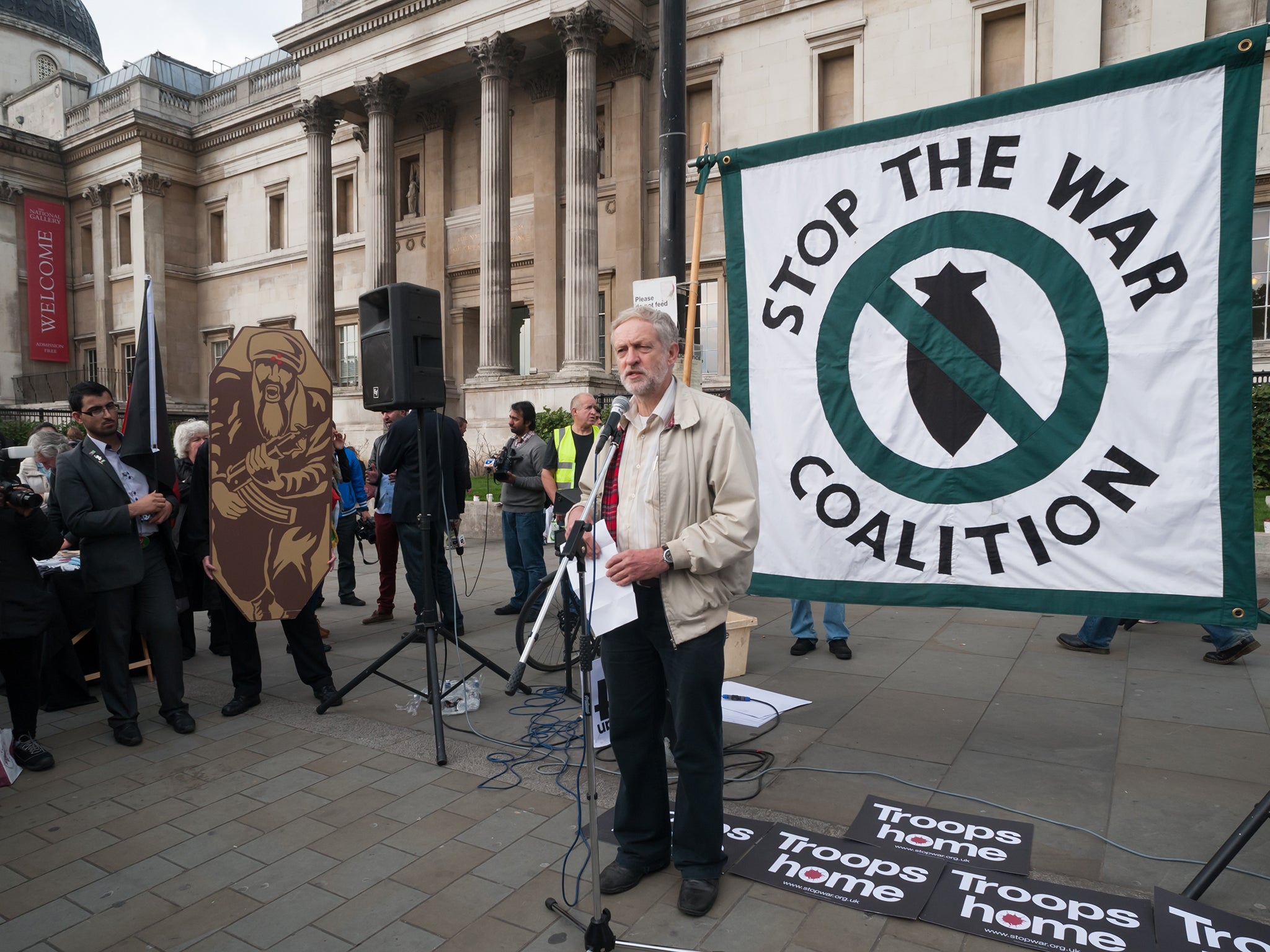 Jeremy Corbyn in 2012, speaking at Stop the War coalition's 11th anniversary protest against the war in Afghanistan calling for troops to be brought home by Christmas