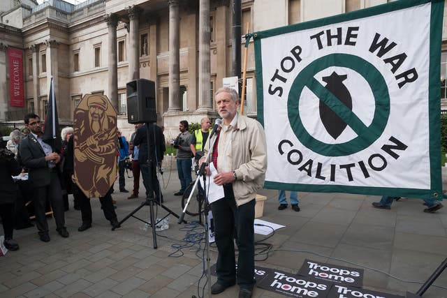 Jeremy Corbyn in 2012, speaking at Stop the War coalition's 11th anniversary protest against the war in Afghanistan calling for troops to be brought home by Christmas