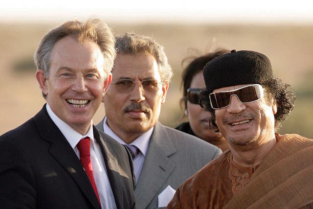 Tony Blair with Colonel Muammar al-Gaddafi during a five day visit meeting with African leaders in 2007
