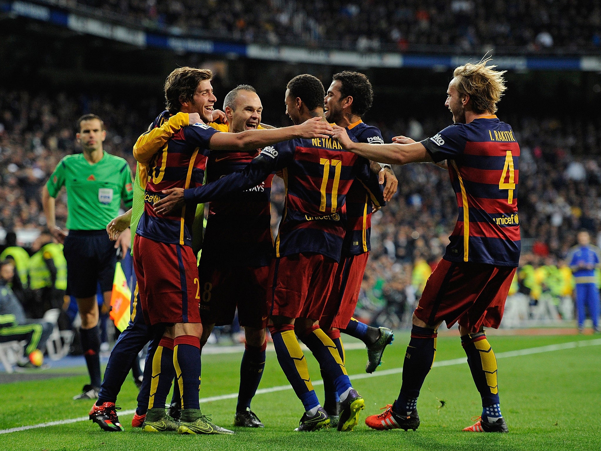 Barcelona's players celebrate their win