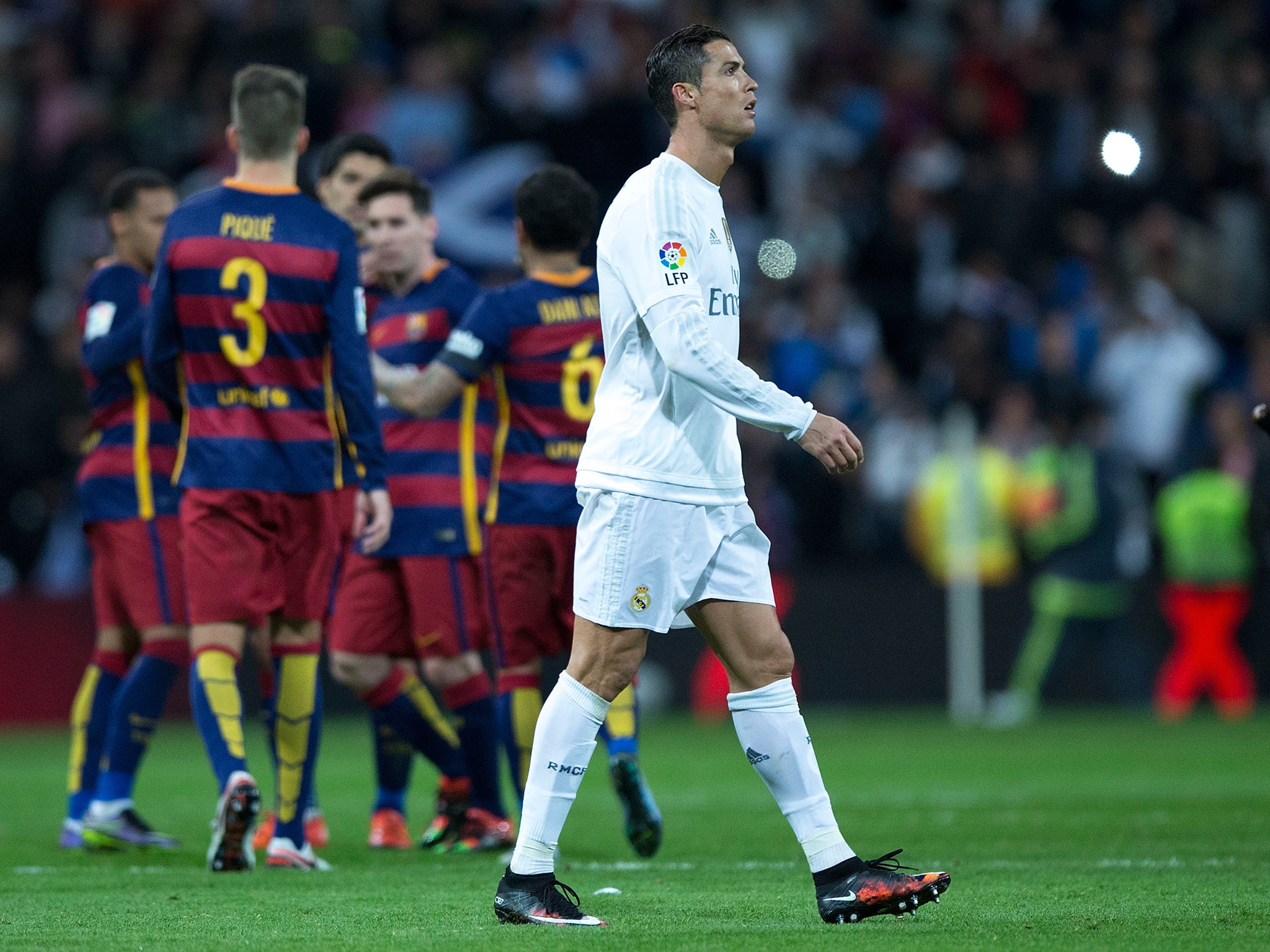Cristiano Ronaldo reacts during Barcelona's 4-0 win over Real Madrid
