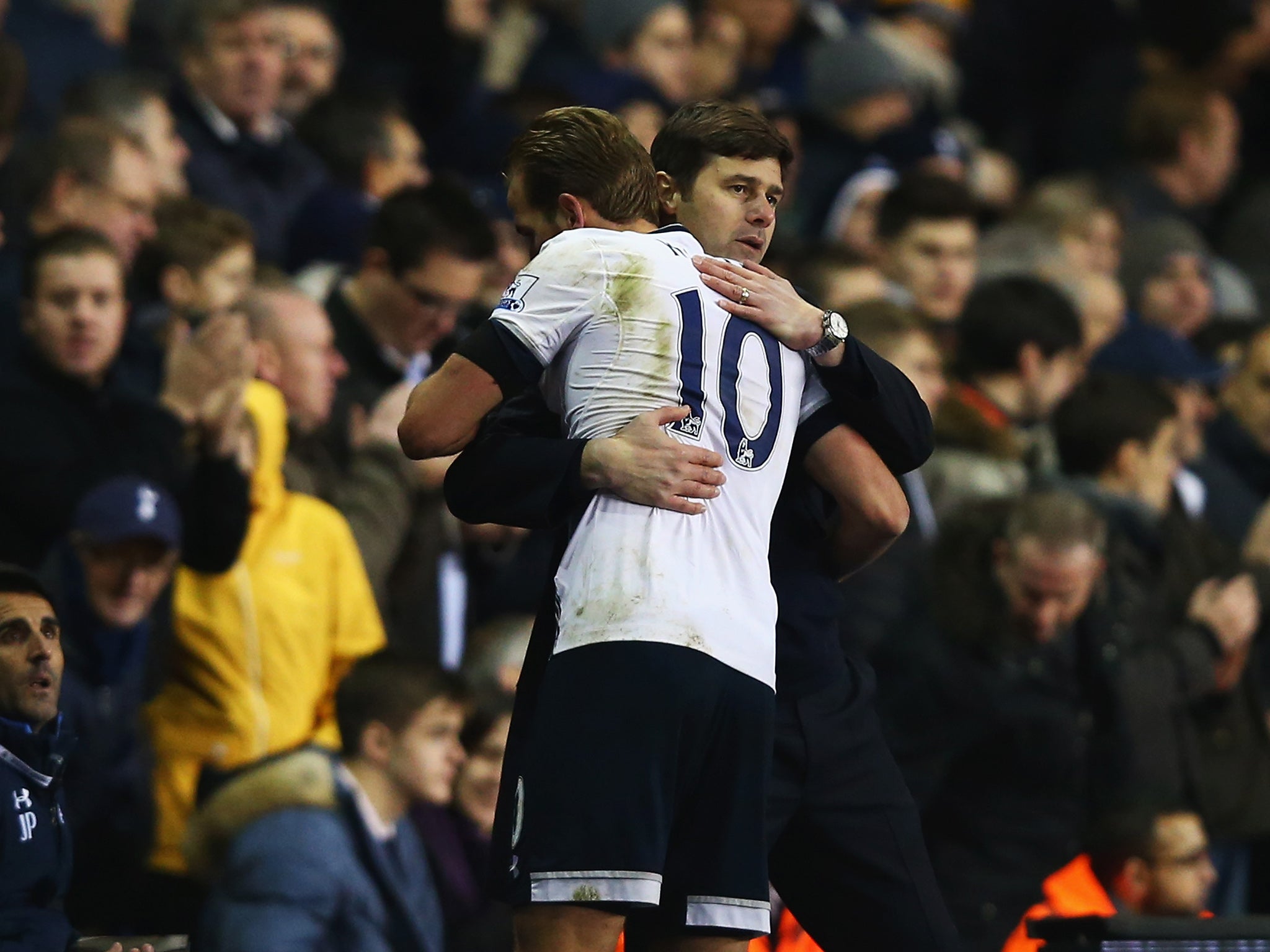 Mauricio Pochettino embraces two-goal Harry Kane as he is substituted