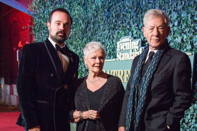 Evgeny Lebedev, Dame Judi Dench and Sir Ian McKellen attending the London Evening Standard Theatre Awards in partnership with The Ivy, at the Old Vic Theatre in London