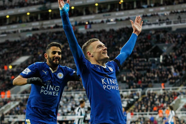 Jamie Vardy celebrates at Newcastle after scoring in a recordequalling 1oth successive Premier League game