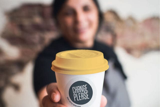 Change Please coffee cup from the new coffee brand, backed by The Big Issue magazine, which is to be sold by the once homeless