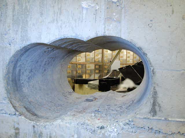 The hole drilled in the vault wall at Hatton Garden Safe Deposit Limited following the Easter weekend robbery in April