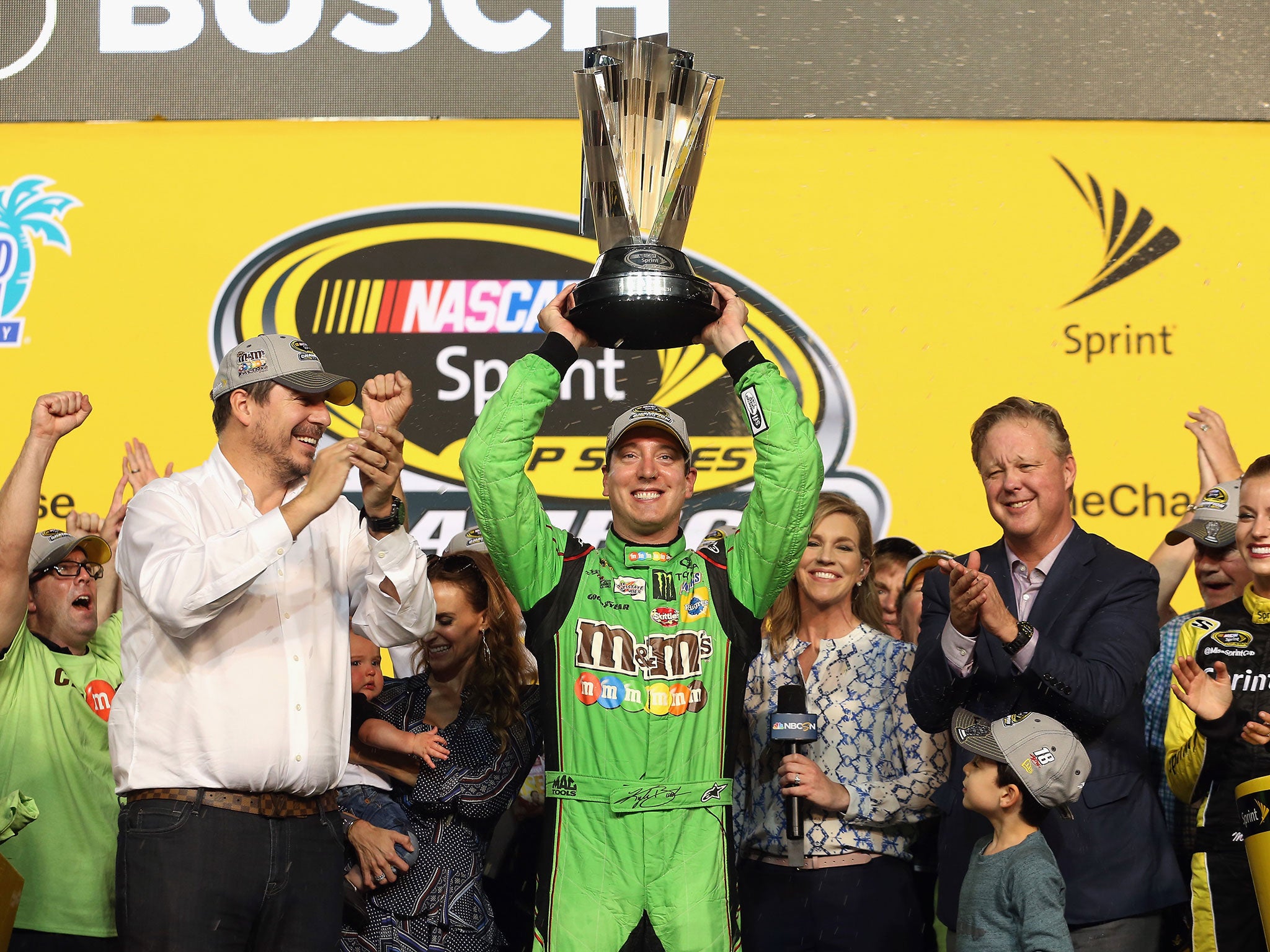 Kyle Busch celebrates winning the Nascar Sprint Cup Series