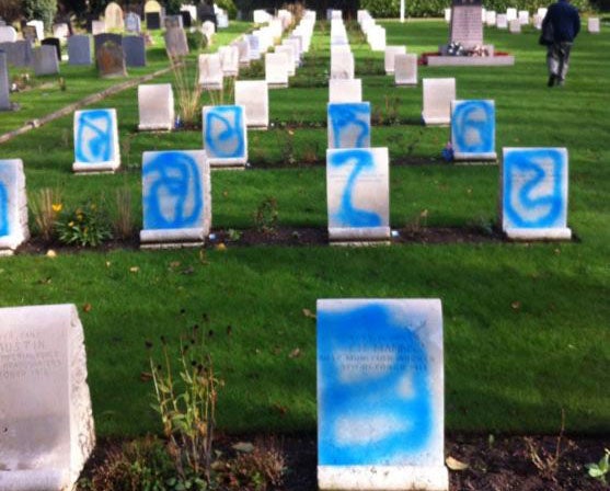 The graves were sprayed with blue paint overnight on Saturday