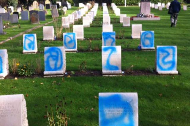 The graves were sprayed with blue paint overnight on Saturday