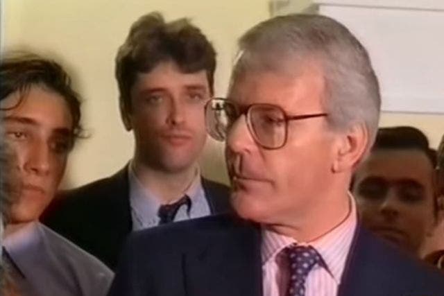 John Major conceding the 1997 General Election in a speech at Smiths Square. Pictured on the left is Mark Clarke
