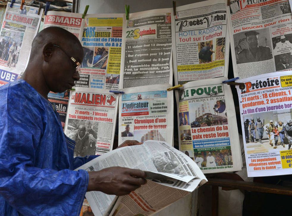 Newspaper headlines in Bamako, Mali, report the bombing at the Radisson Blu hotel last week.Mali’s president, Ibrahim Boubacar Keita, blamed the attack on the Macina Liberation Front