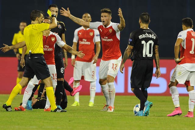 Olivier Giroud was sent-off in the 2-1 loss to Dinamo Zagreb in September