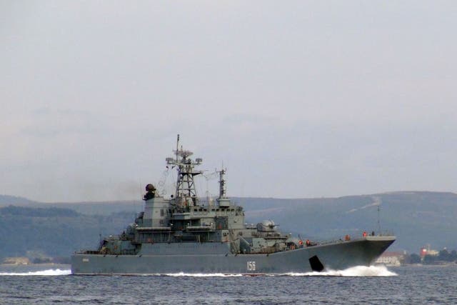 A Russian warship passes through the Dardanelle Straits
