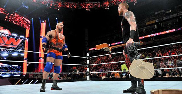 Heath Slater hits Ryback with a guitar, but it doesn't stop him