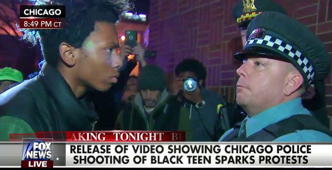 As part of its live coverage, Fox News used footage of one protester staring down a police officer