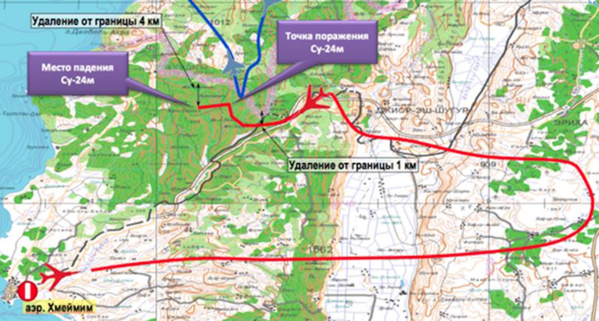 A map released by Russian authorities purporting to show where the plane made a 90 degree turn