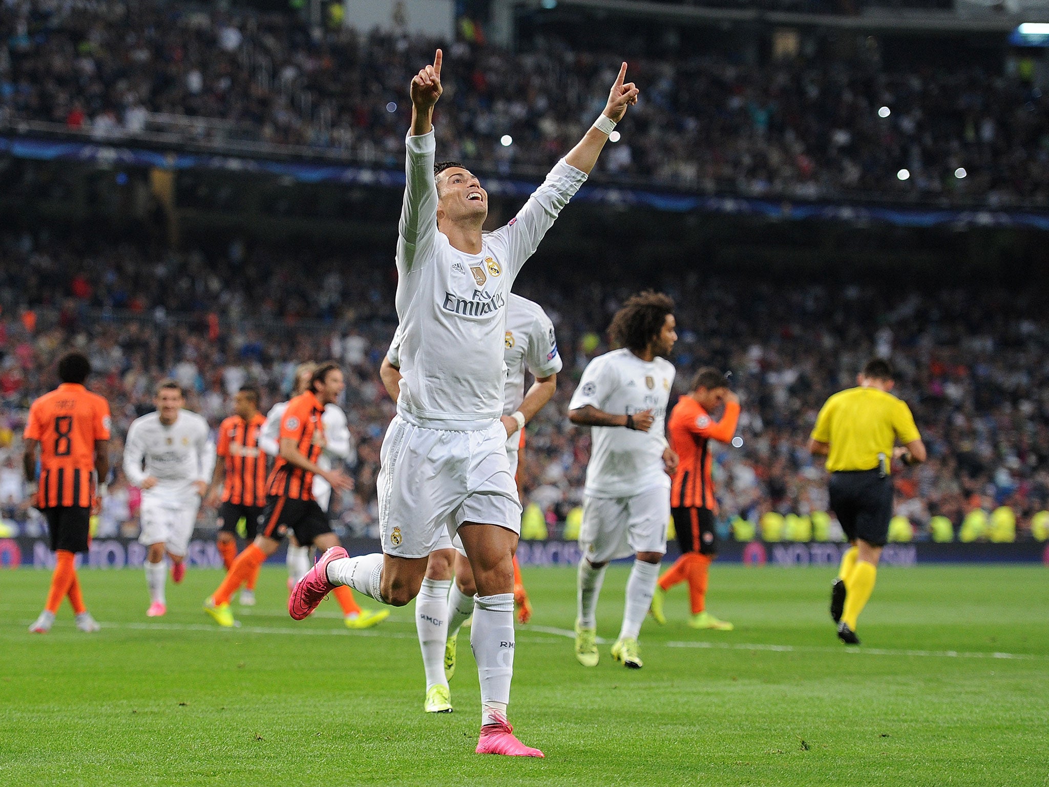 Real Madrid forward Cristiano Ronaldo celebrates a goal against Shakhtar Donetsk