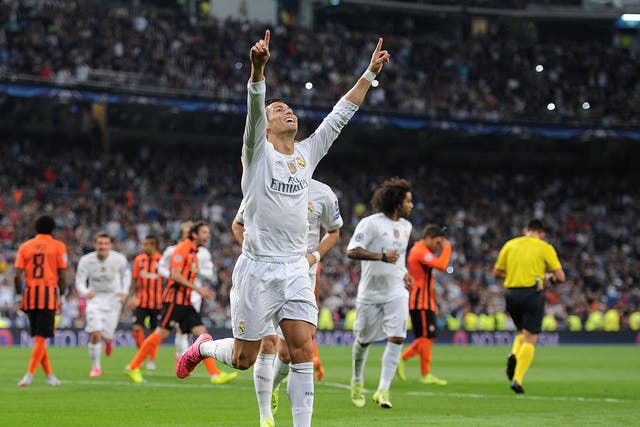 Real Madrid forward Cristiano Ronaldo celebrates a goal against Shakhtar Donetsk