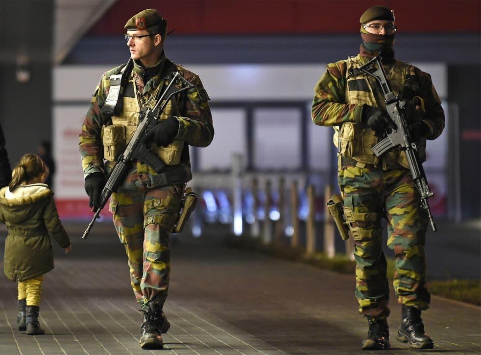 Belgium soldiers patrol near the Crescend'eau shopping center in Vervier