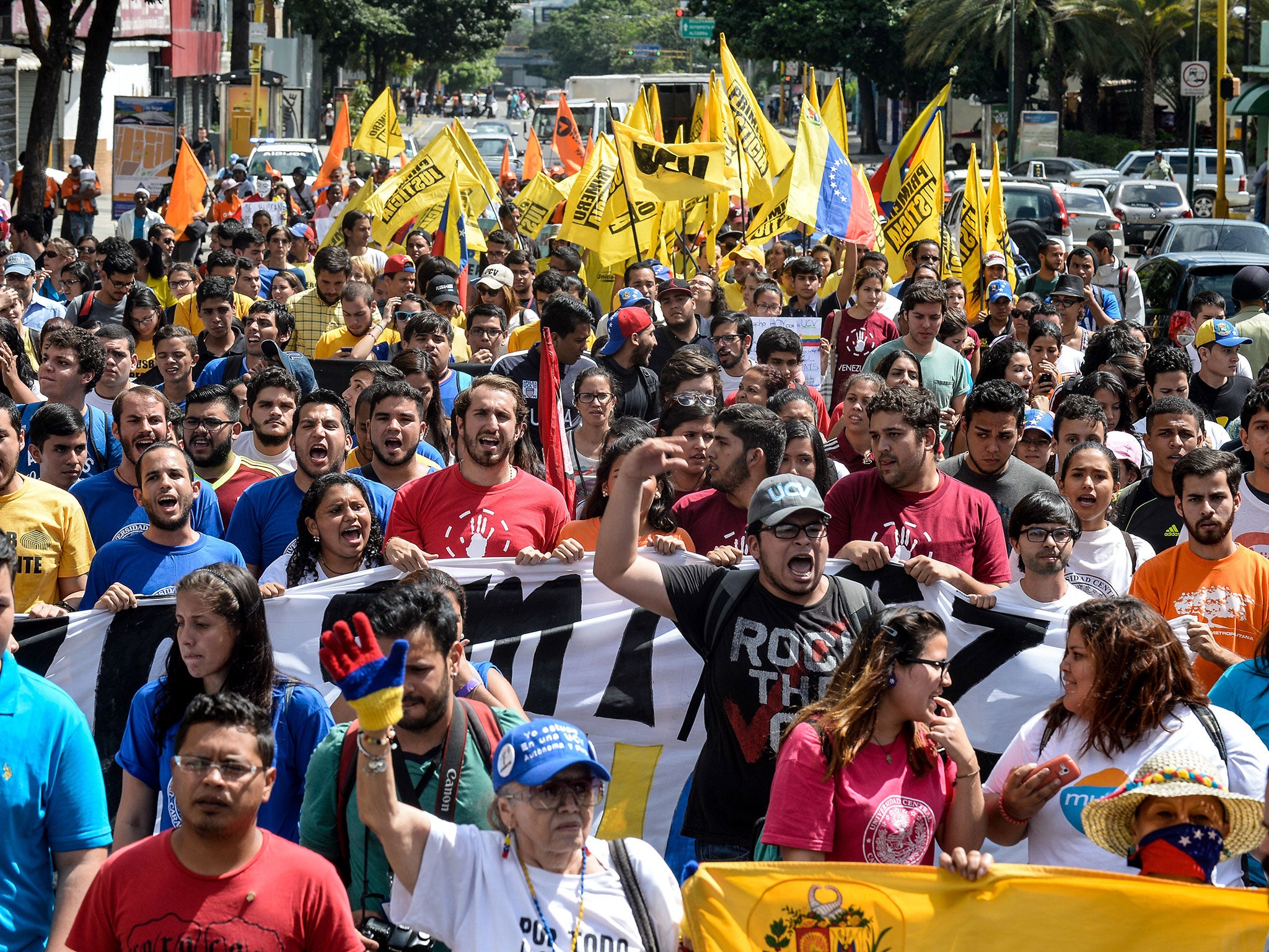 Venezuelan anti-government students participate in the celebrations for the University Students' Day, in Caracas, on November 21, 2015