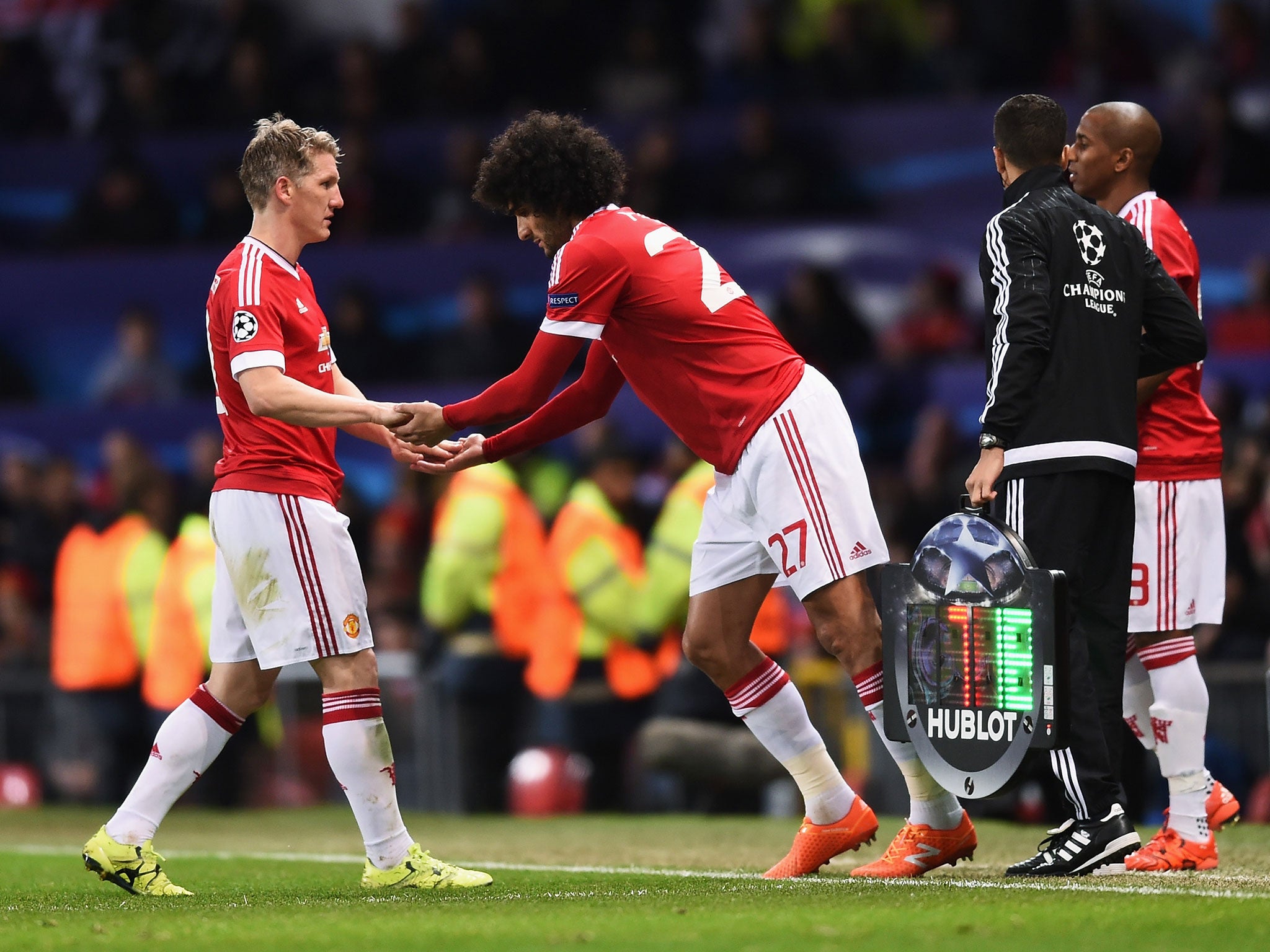 Bastian Schweinsteiger is replaced by Marouane Fellaini after less than an hour