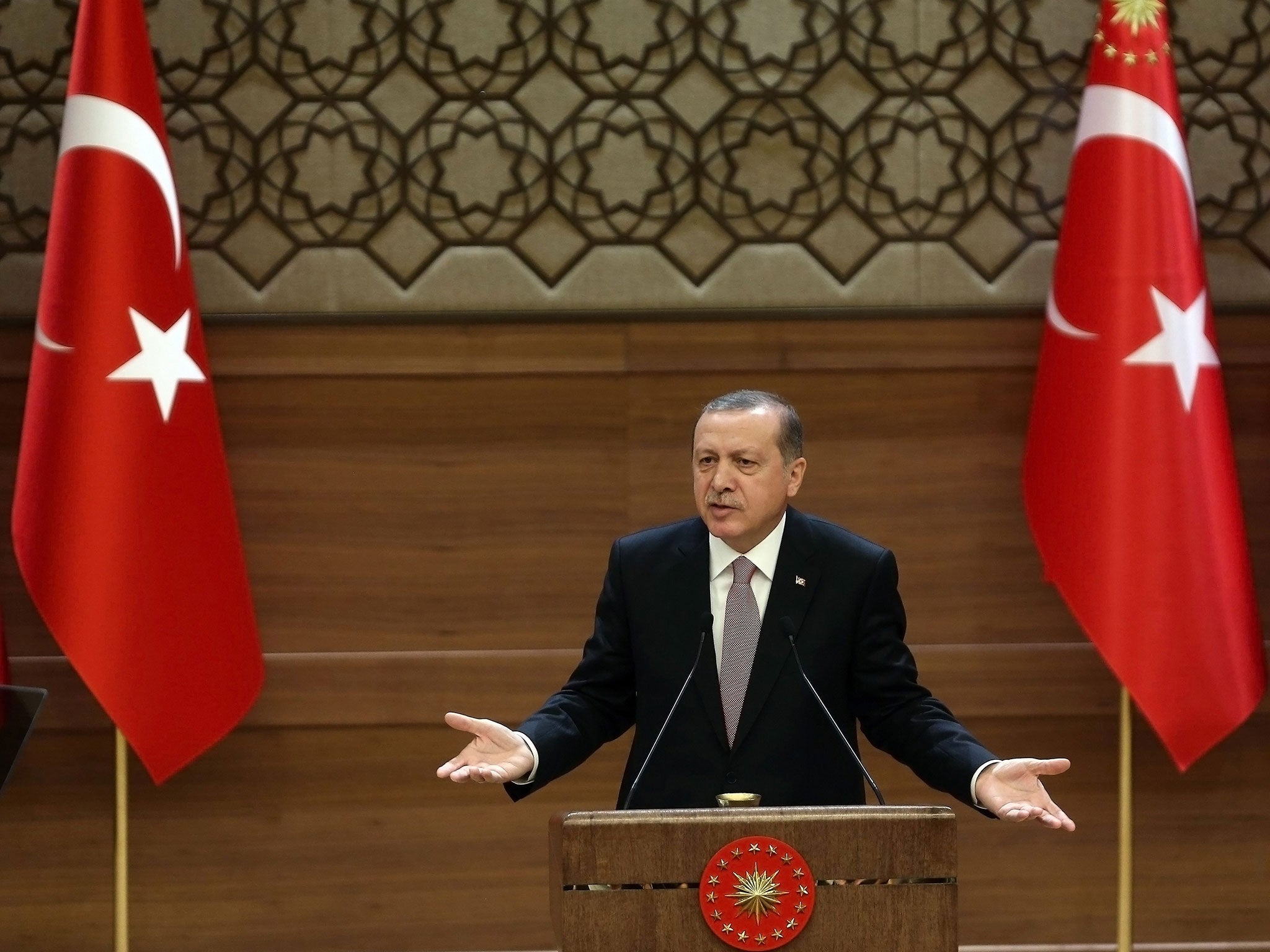 Turkish President Recep Tayyip Erdogan delivers a speech during a meeting at the presidential palace on November 26, 2015