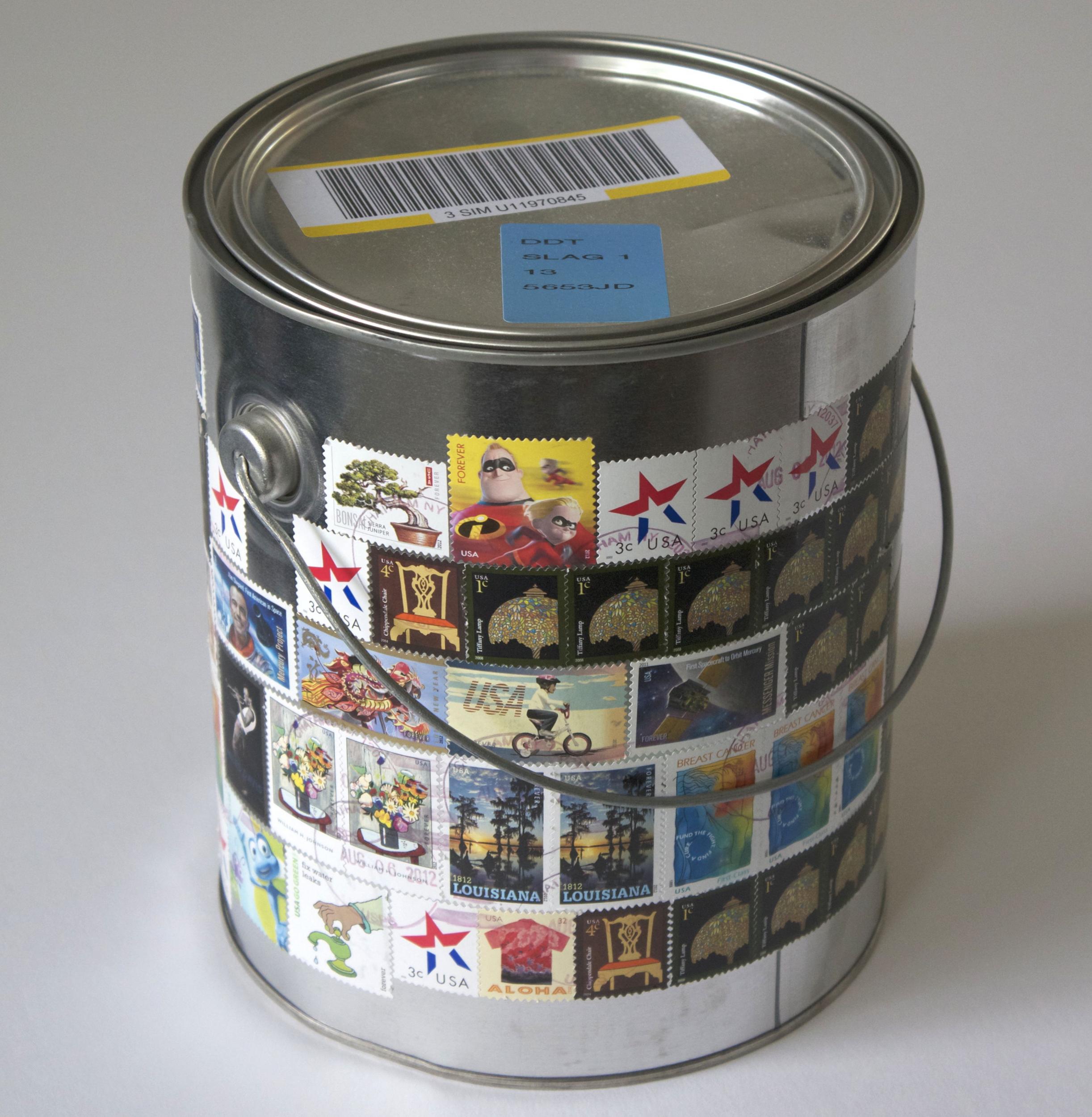 A tin sent by Peter Liversidge on display in the Netherlands