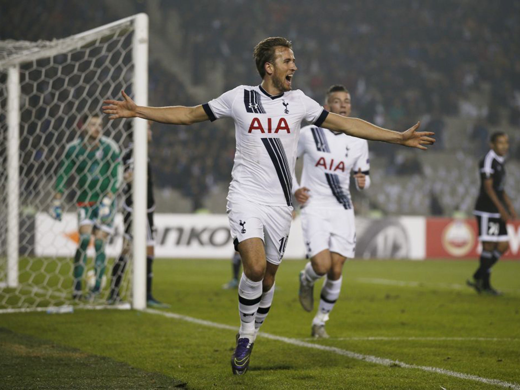Harry Kane celebrates scoring Spurs’ late winner in Azerbaijan, his ninth goal in six games