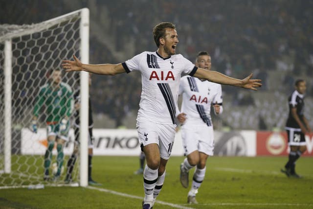 Harry Kane celebrates scoring Spurs’ late winner in Azerbaijan, his ninth goal in six games