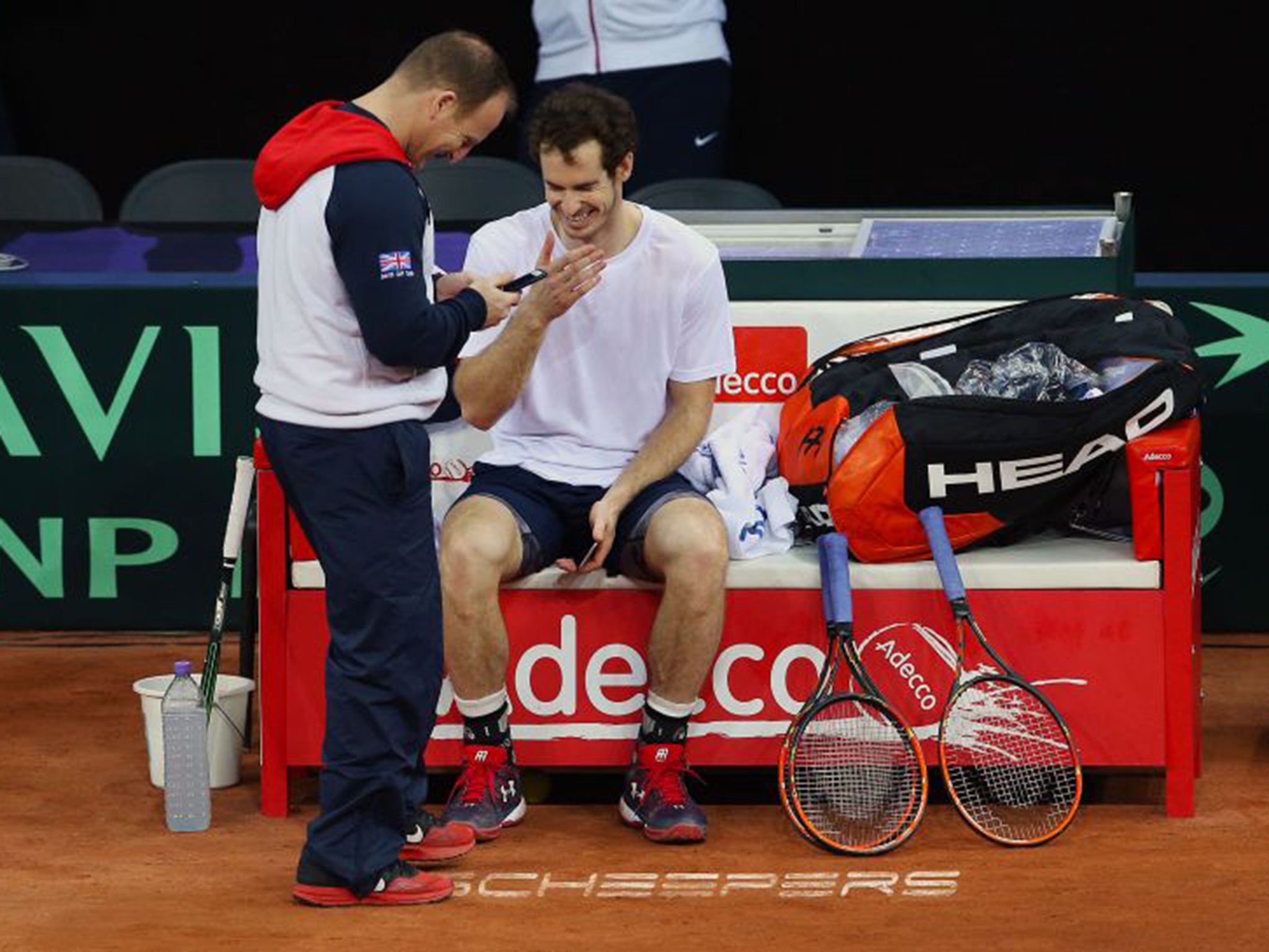 Andy Murray shares a joke with fitness coach Matt Little