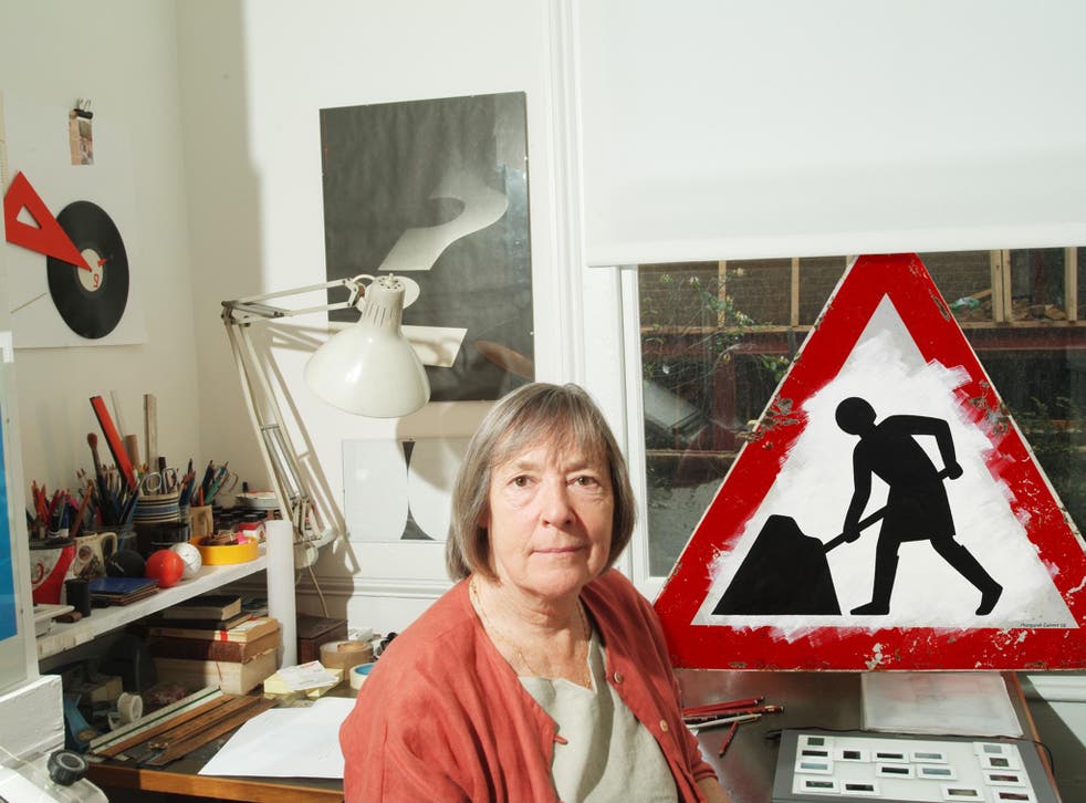 Margaret Calvert with one of her significant signs