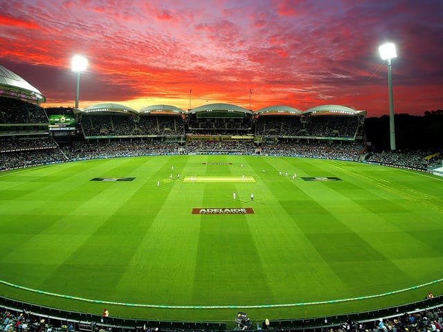 The sun sets over the Adelaide Oval during yesterday’s first ever day-night Test match