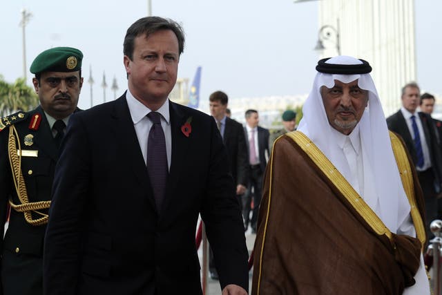 Saudi Emir of Mecca, Prince Khalid bin Faisal bin Abdulaziz welcomes  David Cameron to the Saudi city of Jeddah in 2012