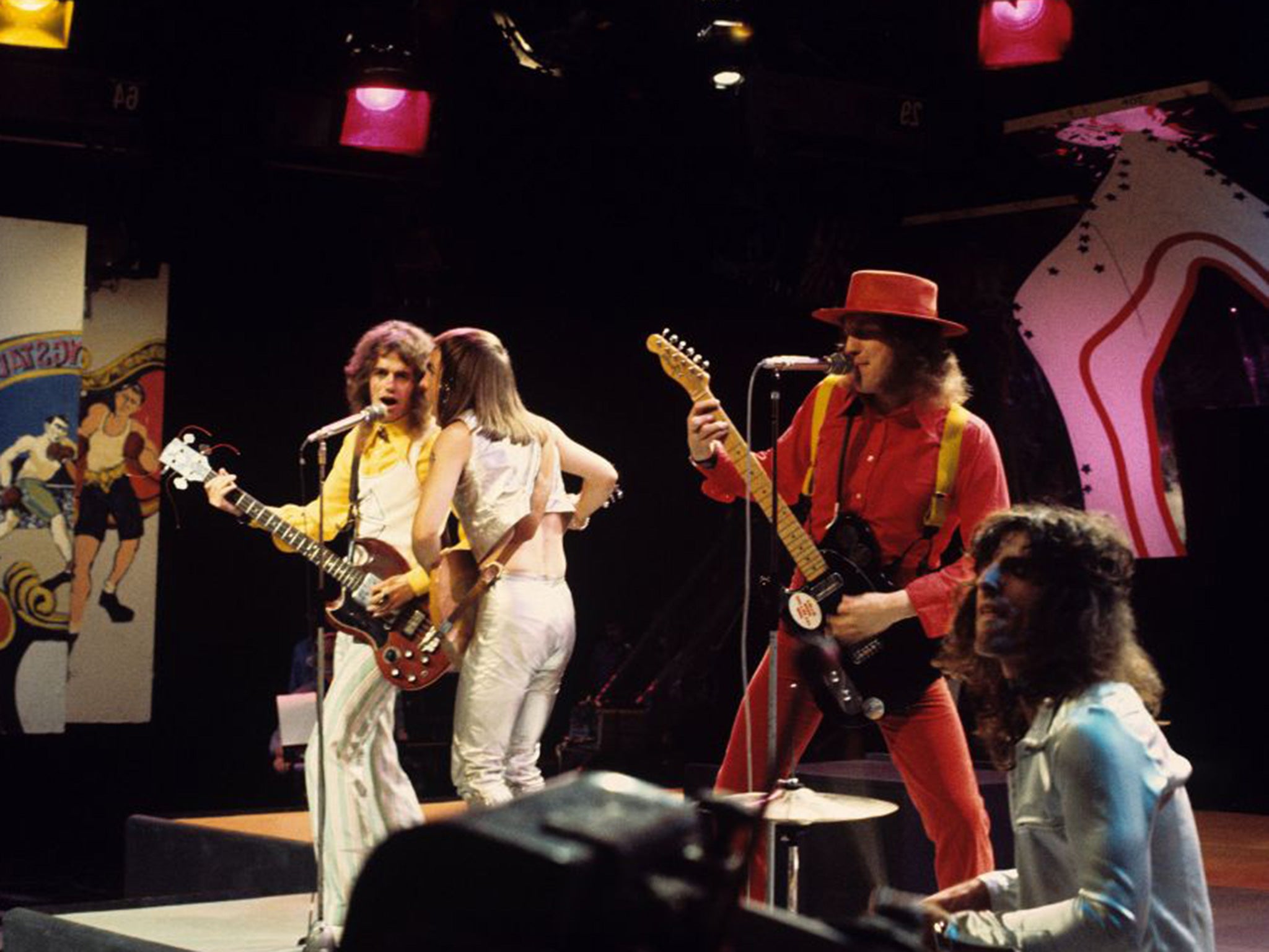 Slade’s Jim Lea, Dave Hill, Noddy Holder and Don Powell on ‘Top of the Pops’ in August 1972