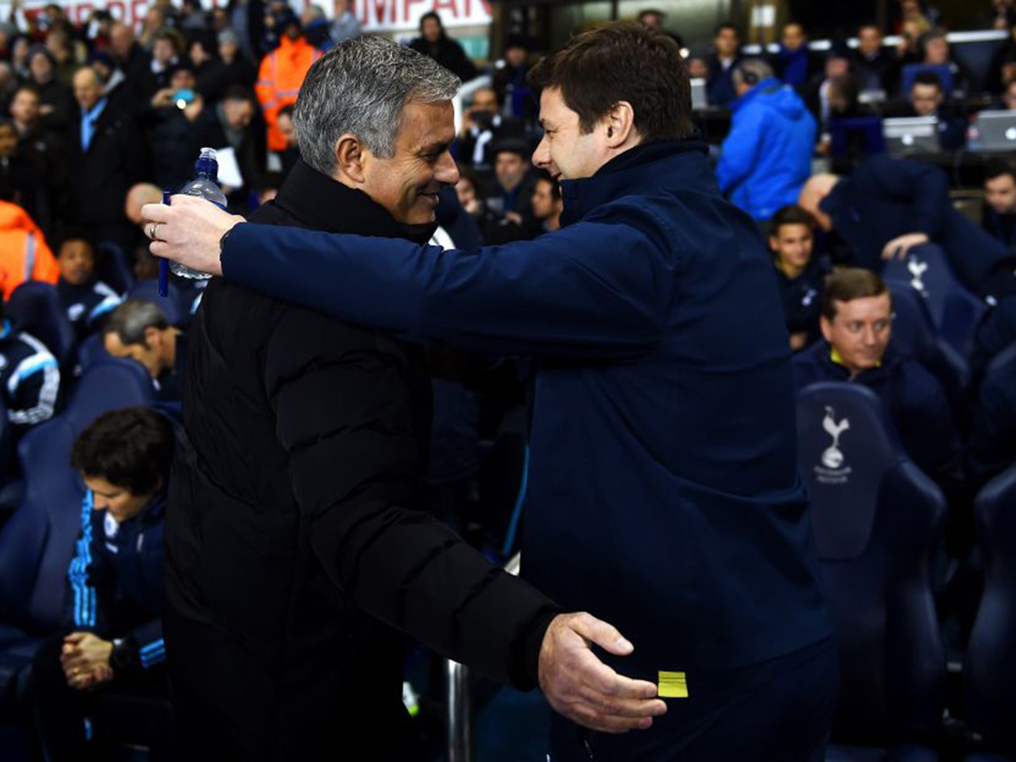 Jose Mourinho (left) and Mauricio Pochettino share a hug the last time Chelsea visited White Hart Lane