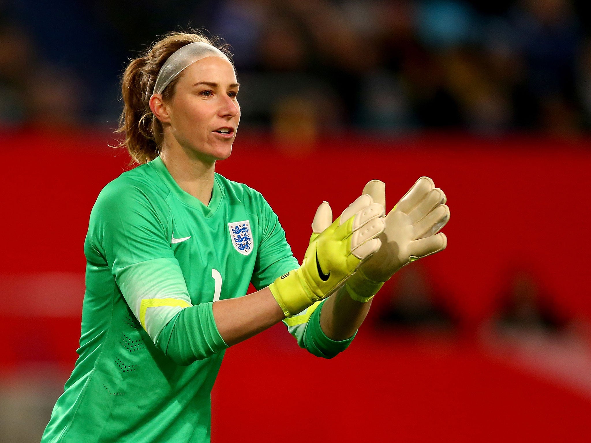 England's Karen Bardsley encourages her team-mates during the 0-0 draw with Germany