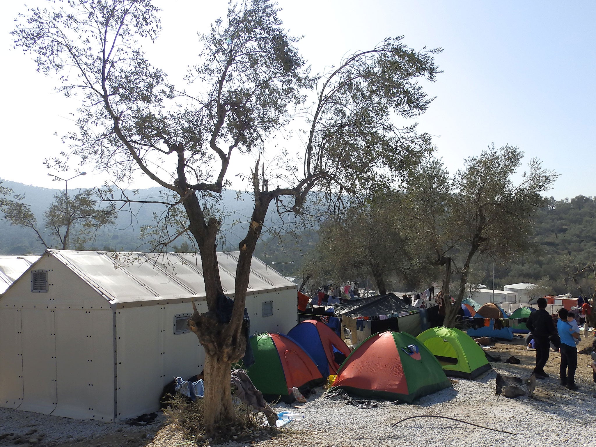 Ikea refugee shelters next to makeshift tents at the Moria refugee camp in Lesbos, Greece, in November 2015