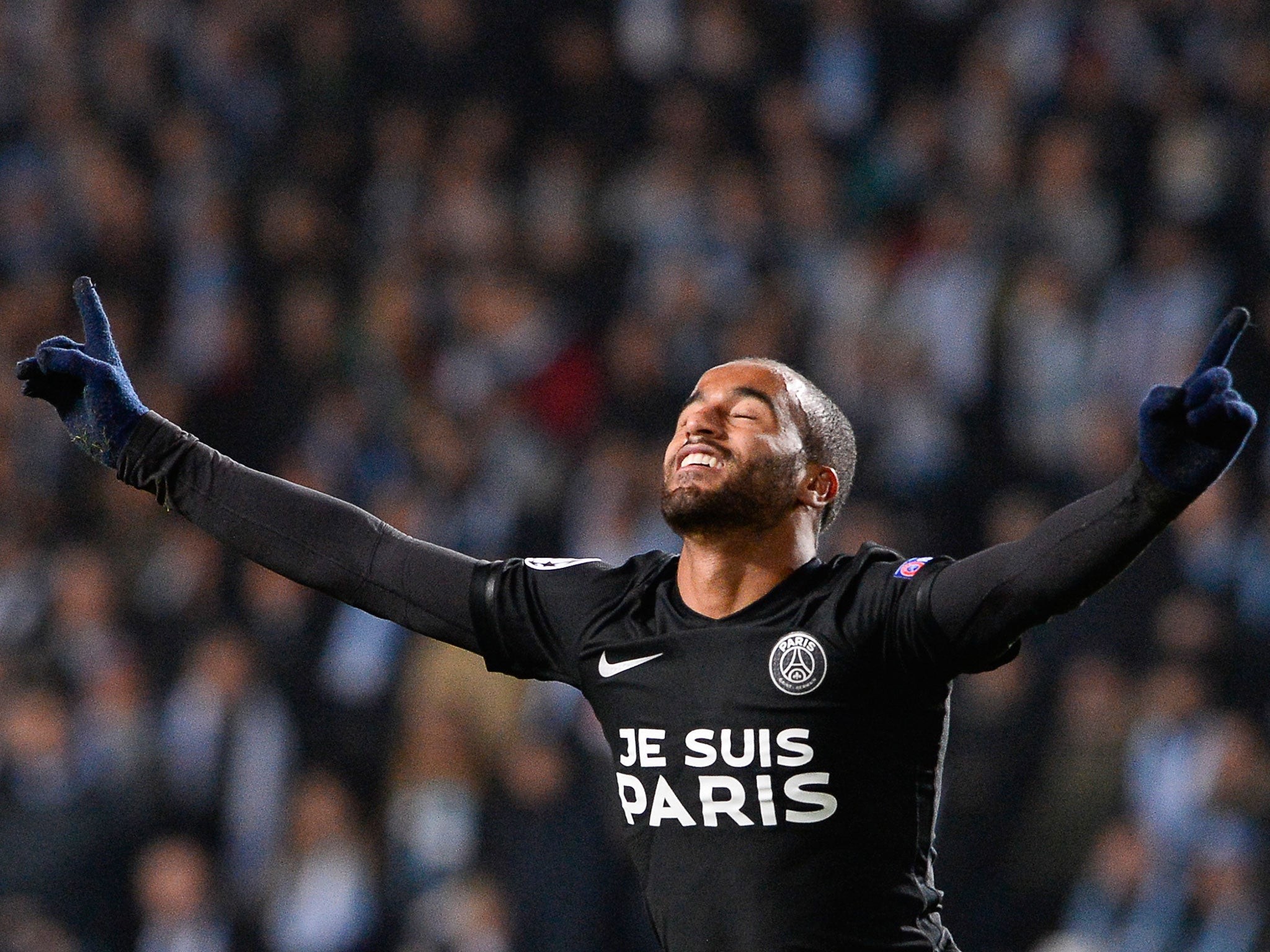 PSG forward Lucas Moura celebrates scoring against Malmo in the Champions League