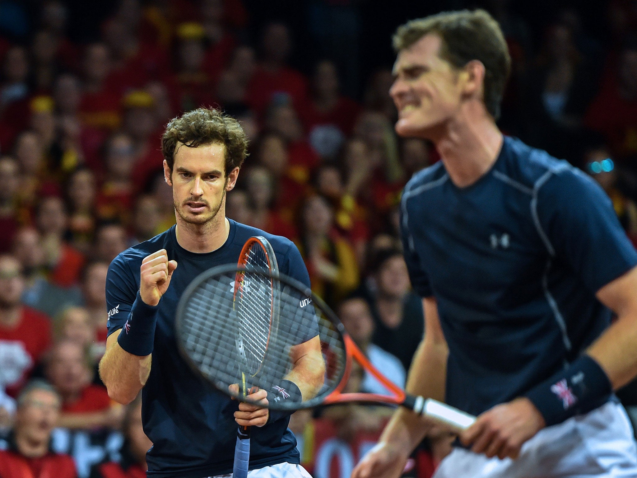 Andy Murray celebrates winning a point in the Davis Cup final doubles match