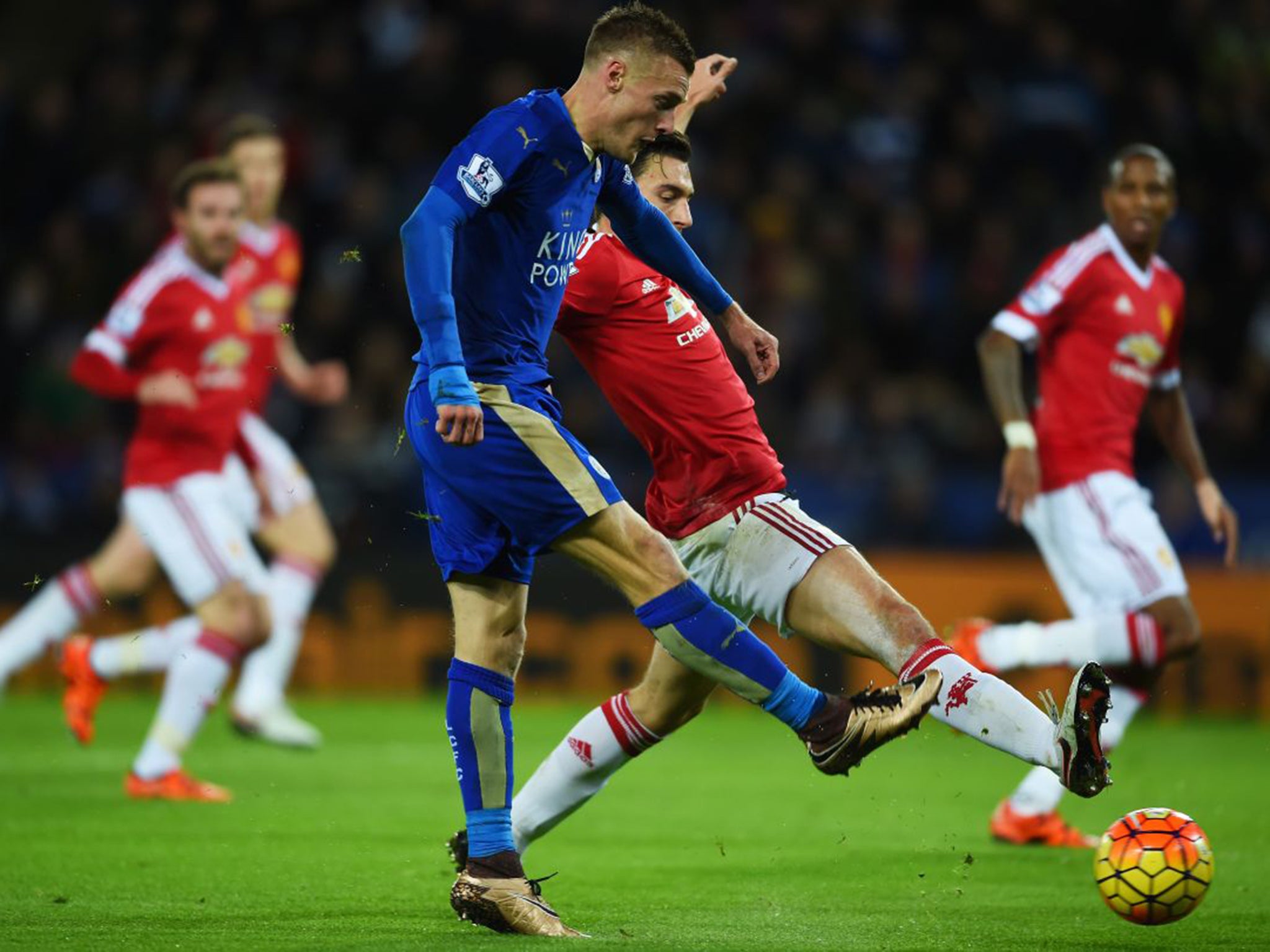 &#13;
Jamie Vardy scores his record-breaking goal against Manchester United&#13;